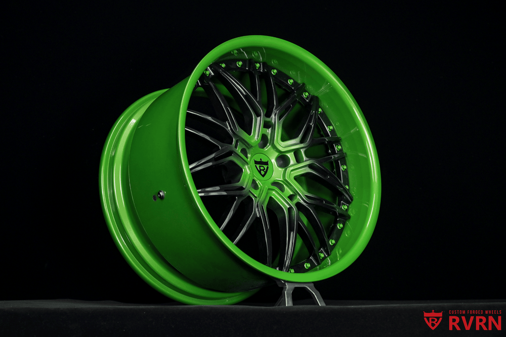 front 20x10 Corvette C8 E-Ray forged wheels RV-T081 staggered setup black green custom fitment