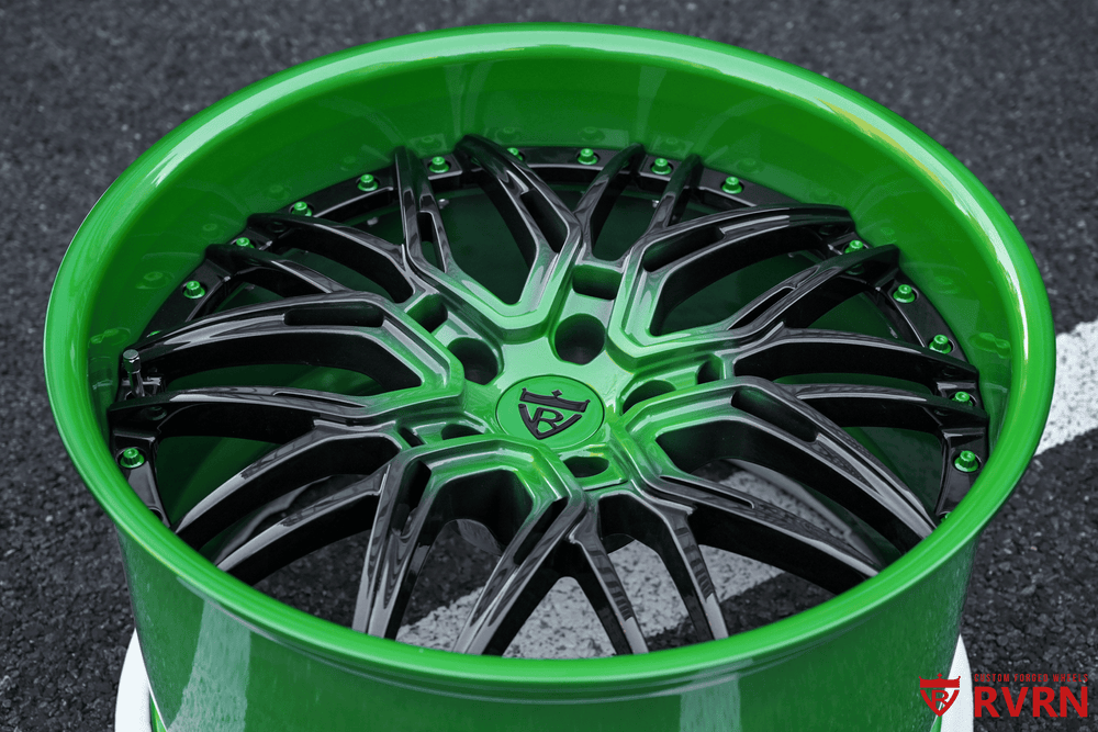 2026 Corvette C8 E-Ray wheels custom forged RV-T081 side profile Roswell Green barrel deep dish 21x13 rear stance
