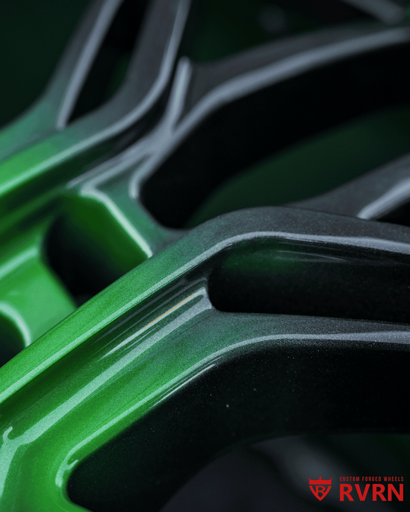 Corvette C8 E-Ray wide stance RV-T081 forged wheels 21x13 Roswell Green deep dish rear angle