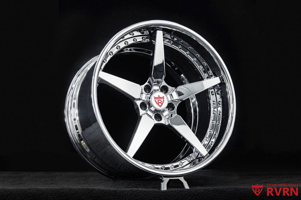Chrome barrel detail of RVRN RV-DF14 forged wheels, deep dish design for C8 E-Ray upgrade.