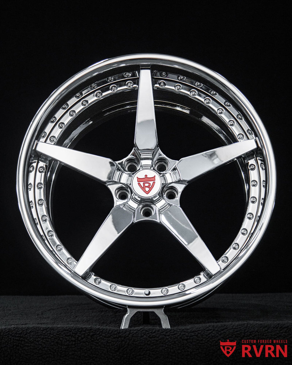 2026 Corvette C8 E-Ray RV-DF14 chrome forged wheels front angle, deep lip 20x10 and 21x13 staggered fitment, design your own wheels by RVRN.