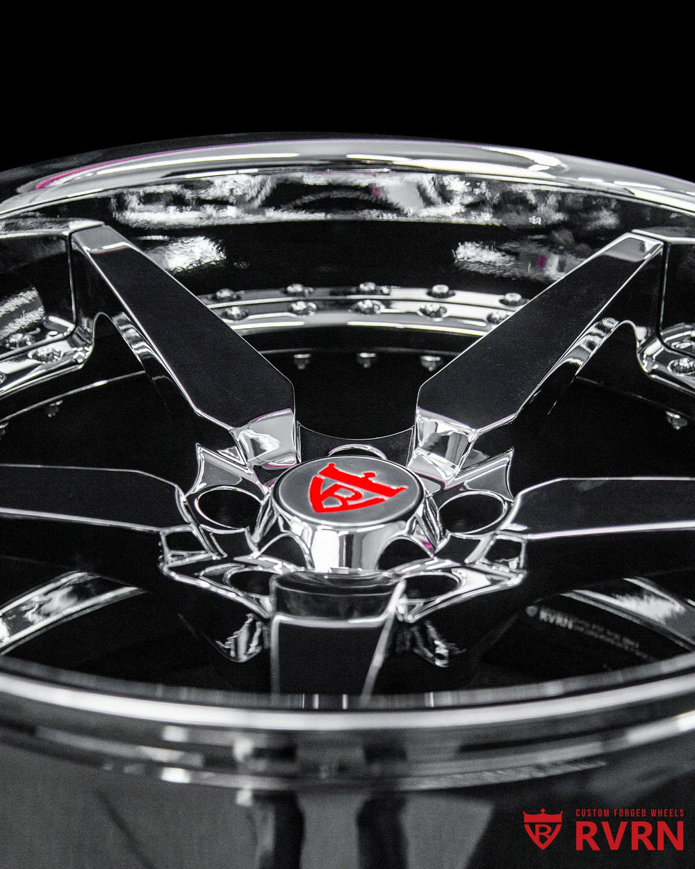 Side profile showing RV-DF14 deep lip 2-piece forged chrome wheels for Corvette E-Ray with 5x120 bolt pattern.