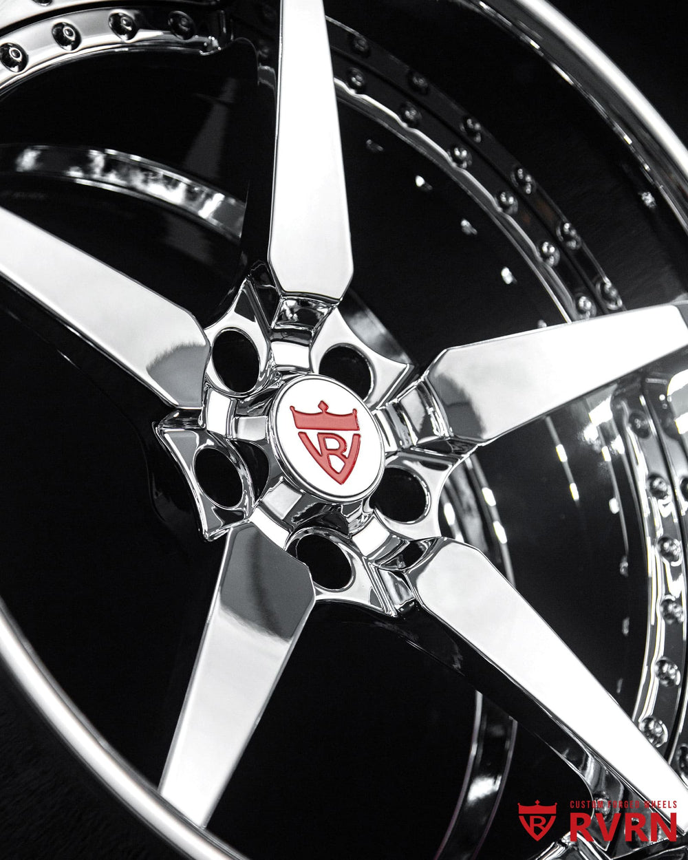 Chrome 5-spoke RV-DF14 forged wheel showcasing flush fitment on Corvette E-Ray.