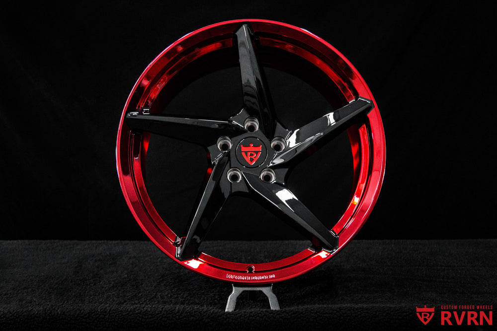 RVRN RV-MC35 5-spoke forged Corvette C8 wheels customized for a 2026 Stingray Base in 19x8.5 front and 20x11 rear fitment