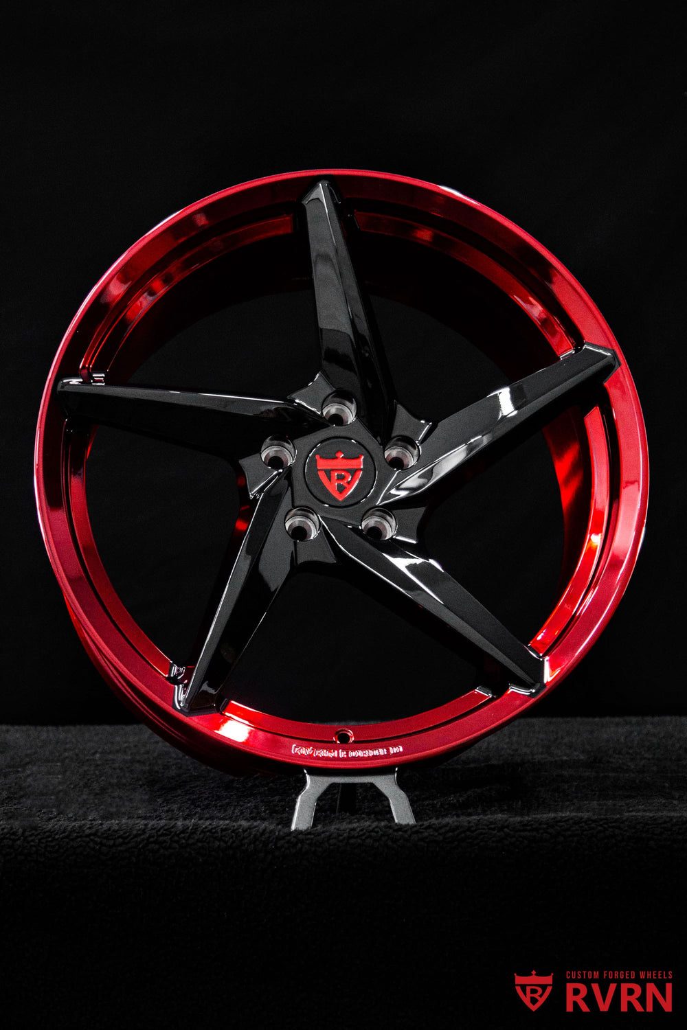 Close front view of custom RVRN Corvette C8 forged wheels with Gloss Black 5-spoke design for a 2026 C8 Stingray Base