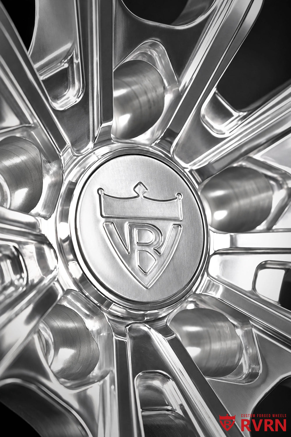 2026 Chevrolet Corvette C8 Z06 with Z07 Package RV-DC04 Y-Spoke 2-Piece Forged wheel in All Polished finish, detailed close-up of the polished center cap and sculpted spoke surfaces
