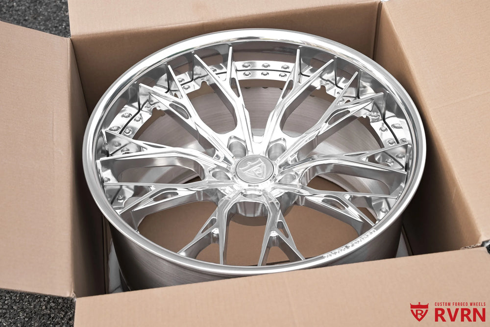 2026 Chevrolet Corvette C8 Z06 with Z07 Package RV-DC04 Y-Spoke 2-Piece Forged wheel in All Polished finish, full wheel shown inside a shipping box with the polished spoke design and deep wheel profile visible