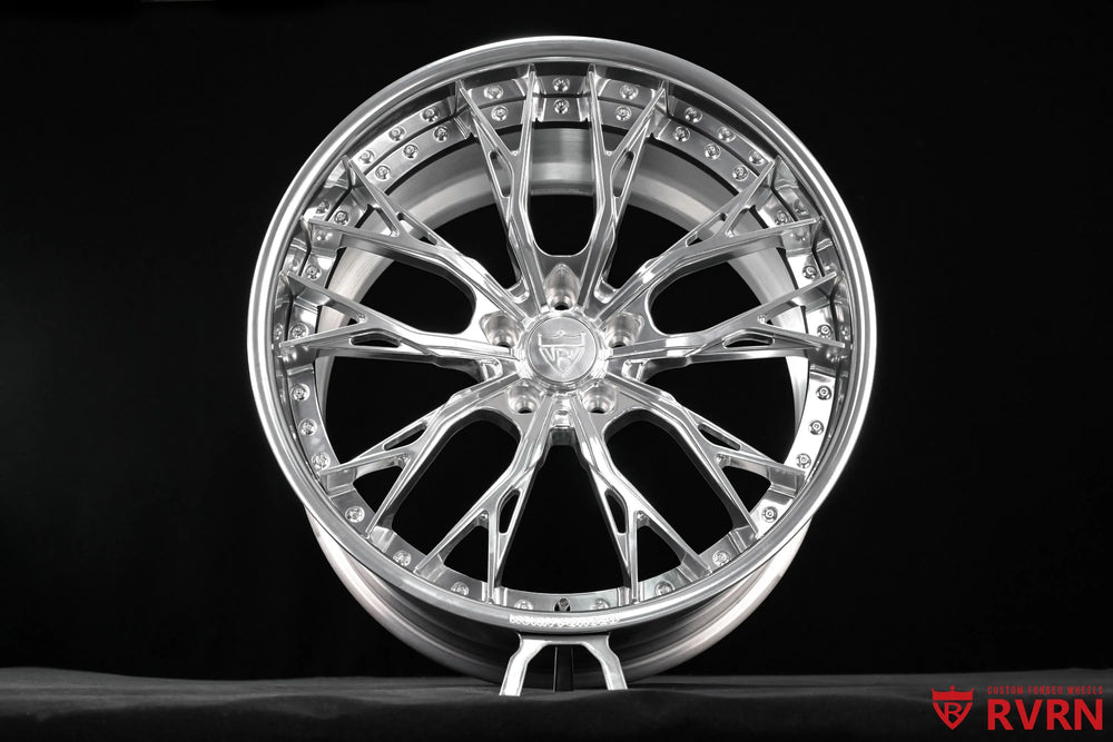2026 Chevrolet Corvette C8 Z06 with Z07 Package RV-DC04 Y-Spoke 2-Piece Forged wheel in All Polished finish, straight-on product view displaying the complete polished spoke layout, center cap, and exposed fasteners