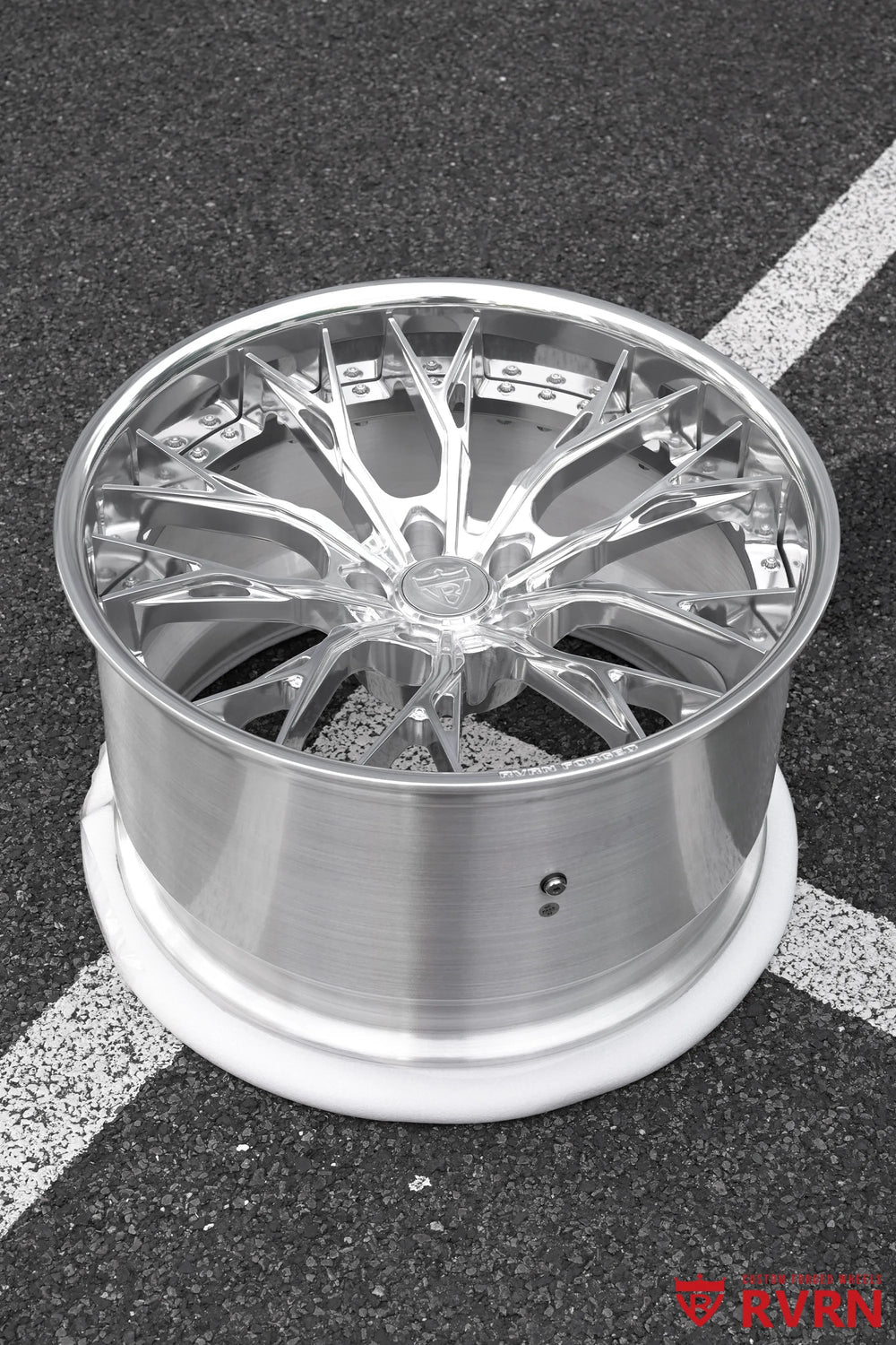 2026 Chevrolet Corvette C8 Z06 with Z07 Package RV-DC04 Y-Spoke 2-Piece Forged wheel in All Polished finish, angled outdoor view showing the polished deep-dish barrel and dimensional spoke structure