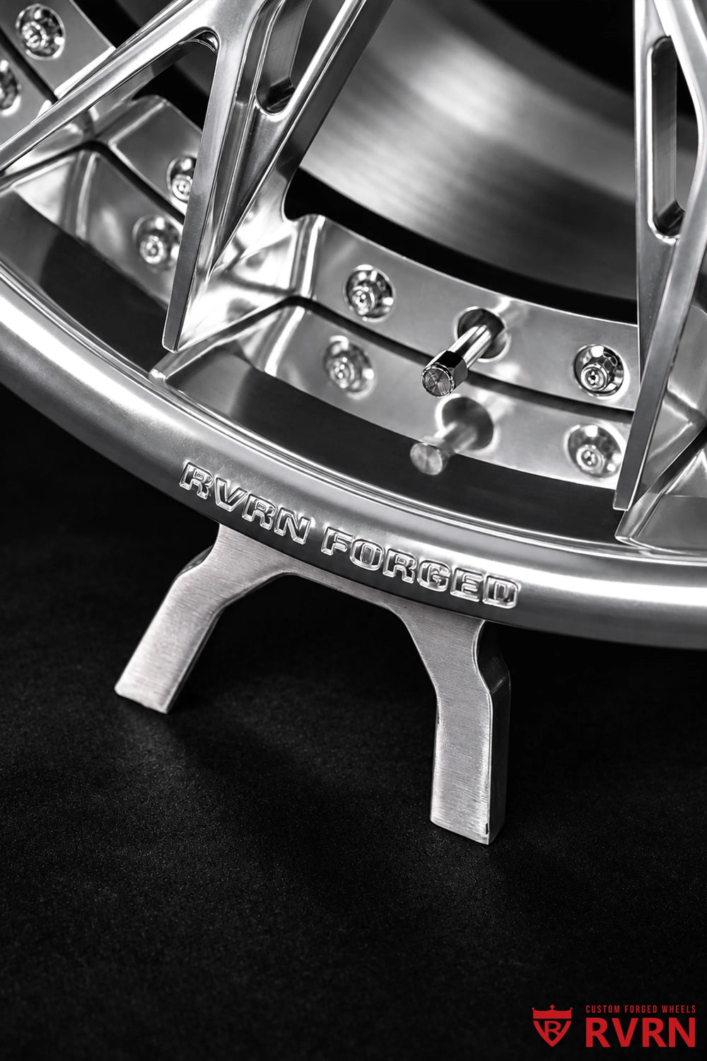 2026 Chevrolet Corvette C8 Z06 with Z07 Package RV-DC04 Y-Spoke 2-Piece Forged wheel in All Polished finish, close-up of the polished spokes, center cap, and machined openings from a top-down angle