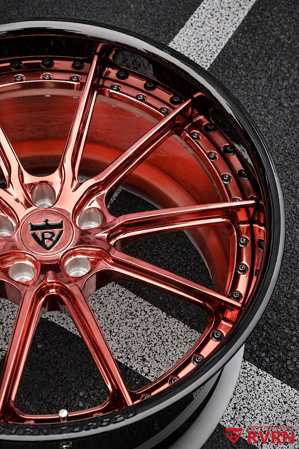 Side view of a 2026 Corvette C8 Z06 featuring RVRN RV-DC05 custom forged wheels with polished rose gold spokes and gloss black barrels, 20x10 front and 21x13 rear.