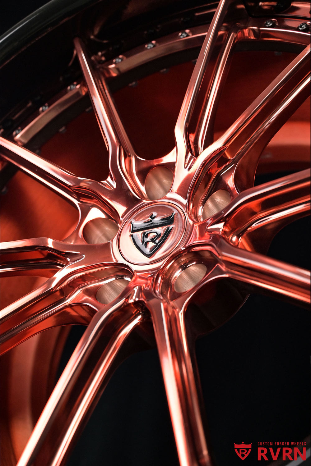 Close-up of the gloss black barrel on RVRN RV-DC05 two-piece forged wheels for a 2026 Corvette C8 Z06, paired with polished rose gold spokes in 20x10 and 21x13.