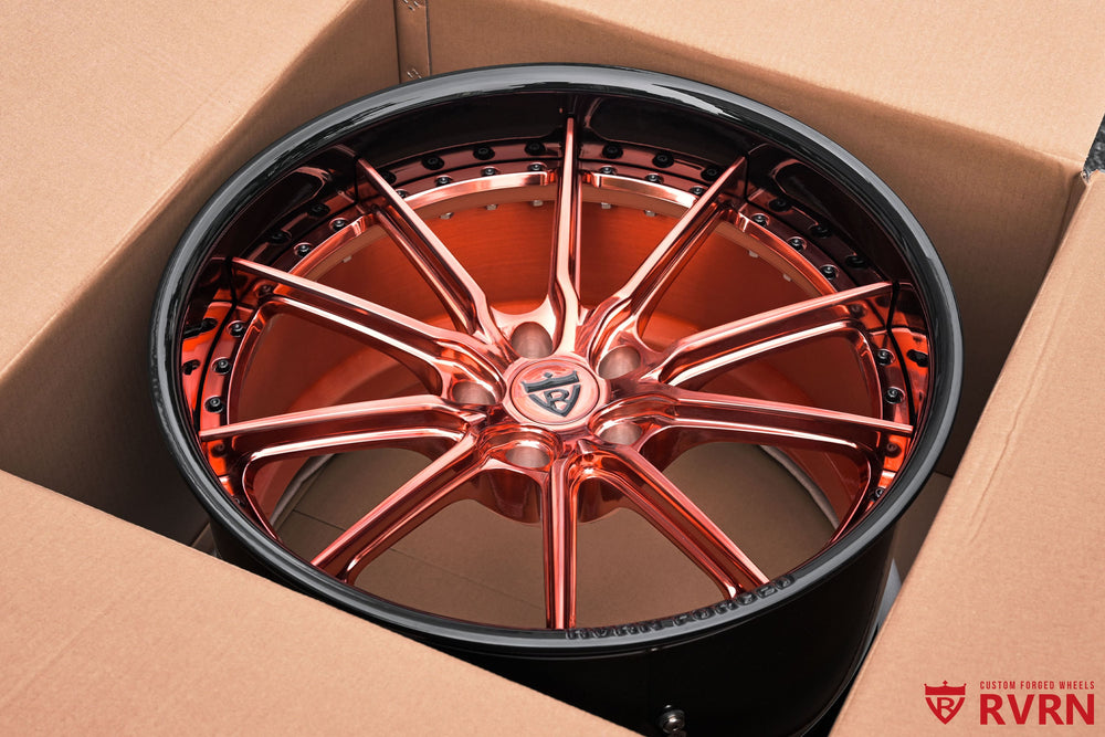 Detailed view of polished rose gold spokes on RVRN RV-DC05 custom Corvette C8 wheels, featuring a deep dish two-piece forged design in 20x10 front and 21x13 rear