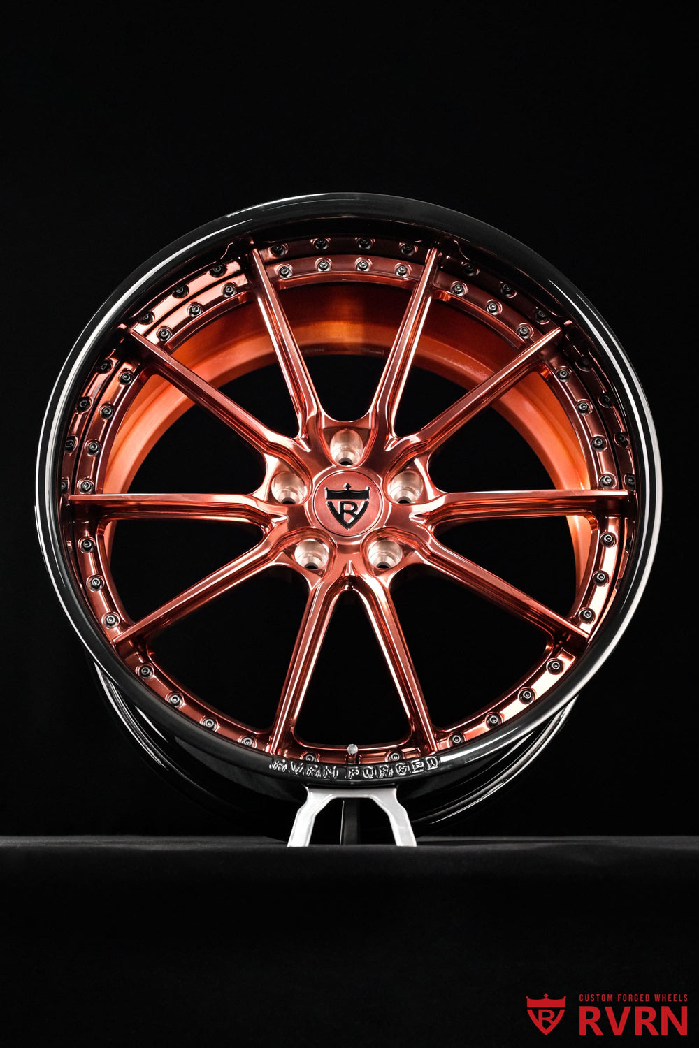RVRN RV-DC05 polished rose gold rims with a deep dish profile for a 2026 Corvette C8 Z06, custom built in 20x10 front and 21x13 rear fitment.