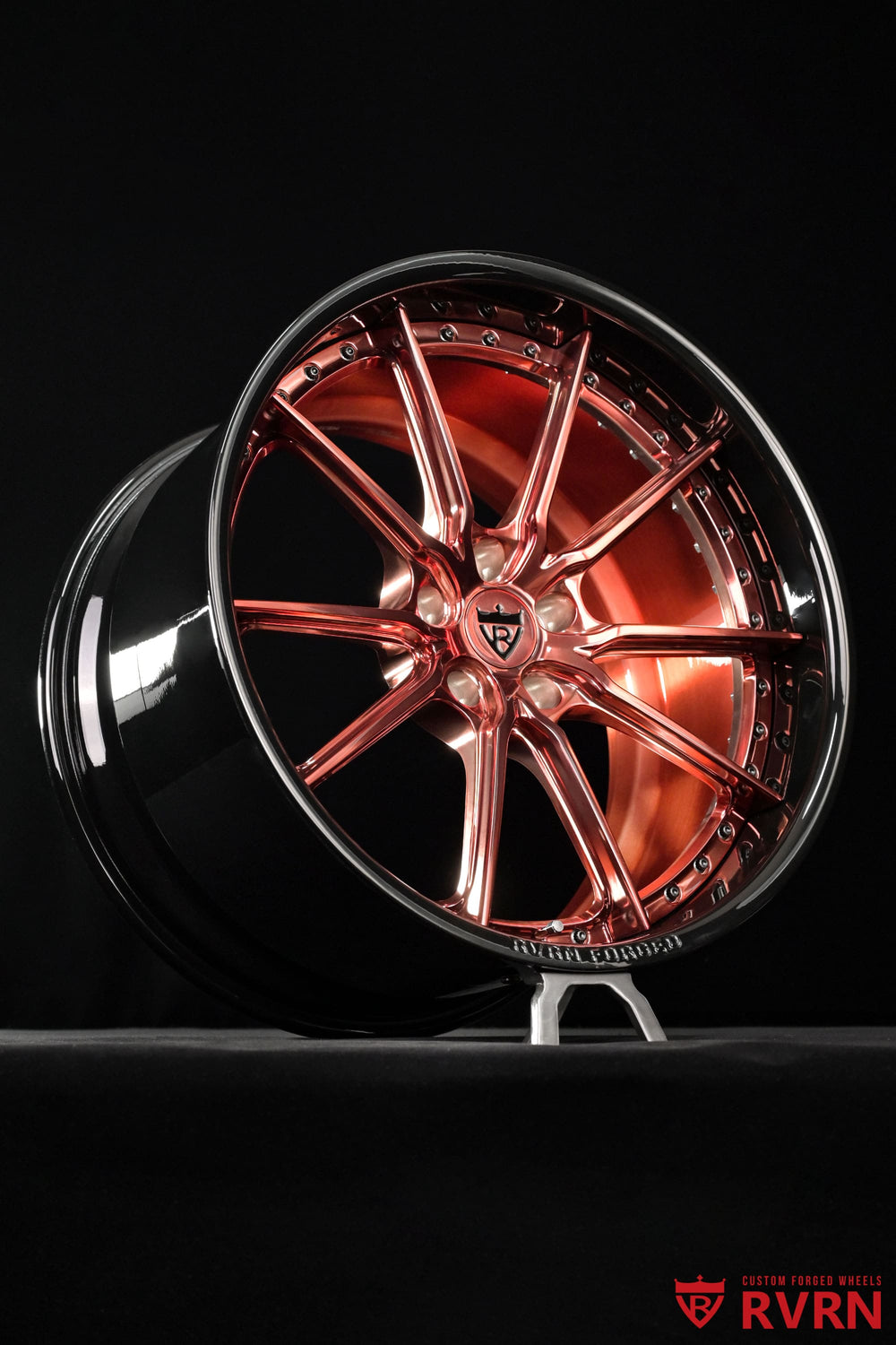 Detailed RVRN RV-DC05 wheel face in polished rose gold for a 2026 Corvette C8 Z06, showing the custom two-piece forged construction and deep dish design.