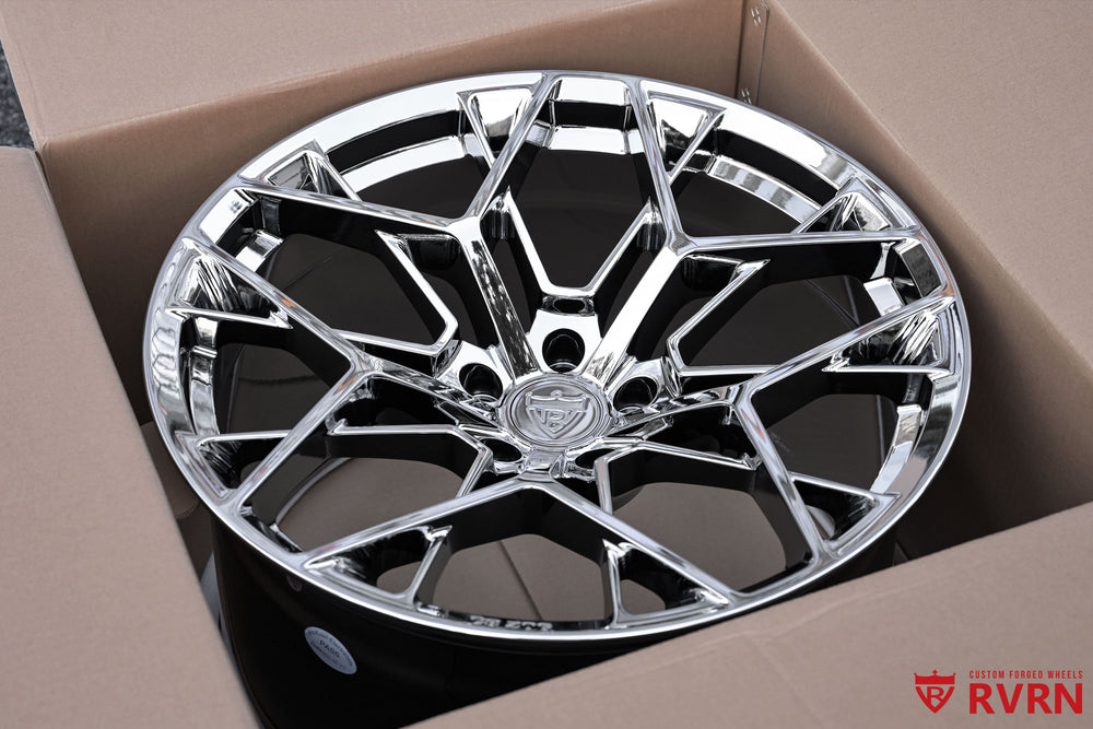 Close-up of an RV-MB625 chrome forged wheel for the 2026 Corvette C8 Z06, showing the Y-spoke design and deep concavity in 21x13 rear fitment