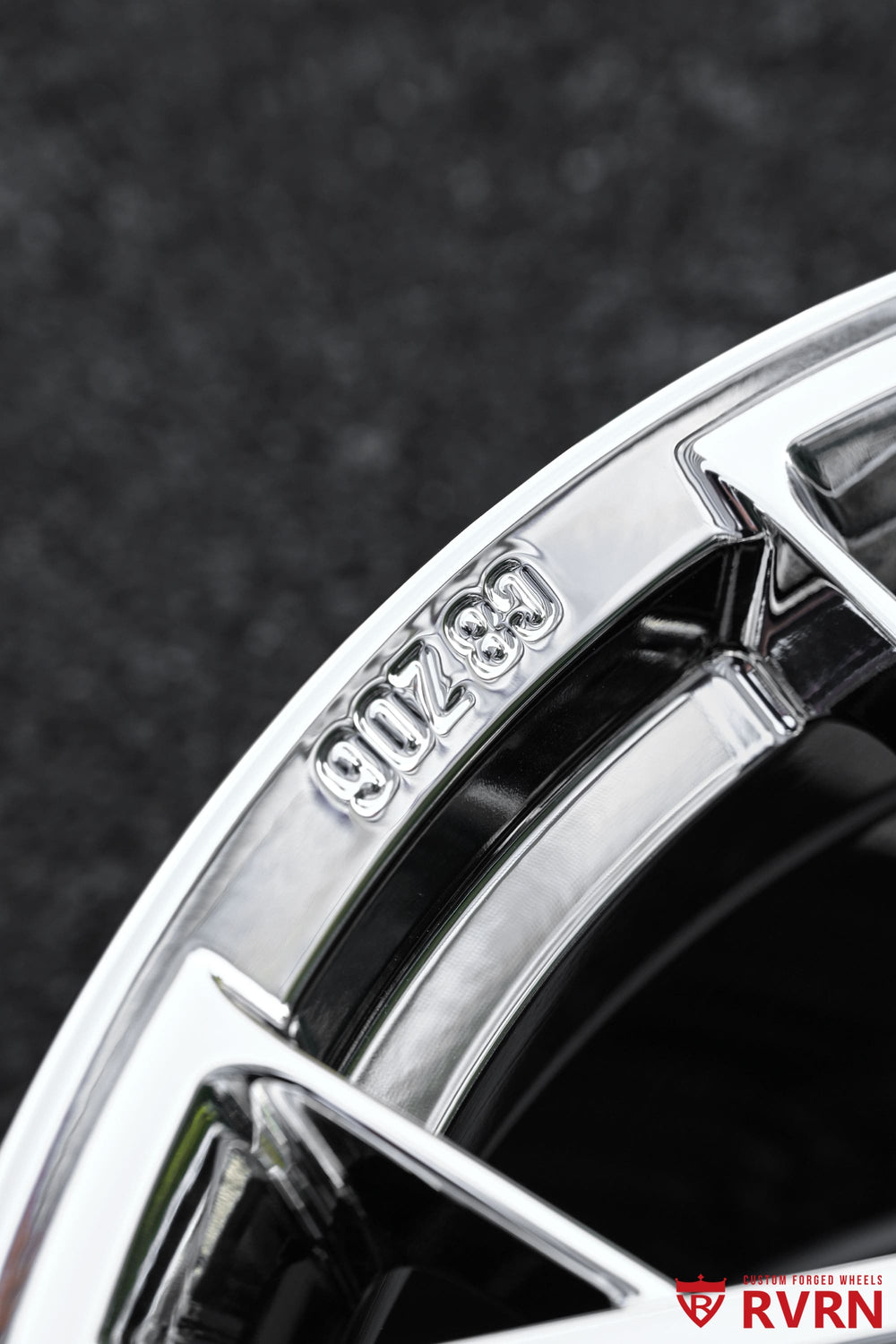 Angled detail of an RV-MB625 Y-spoke chrome wheel for a 2026 Corvette C8 Z06, highlighting the deep concave profile and 20x10 front custom fitment