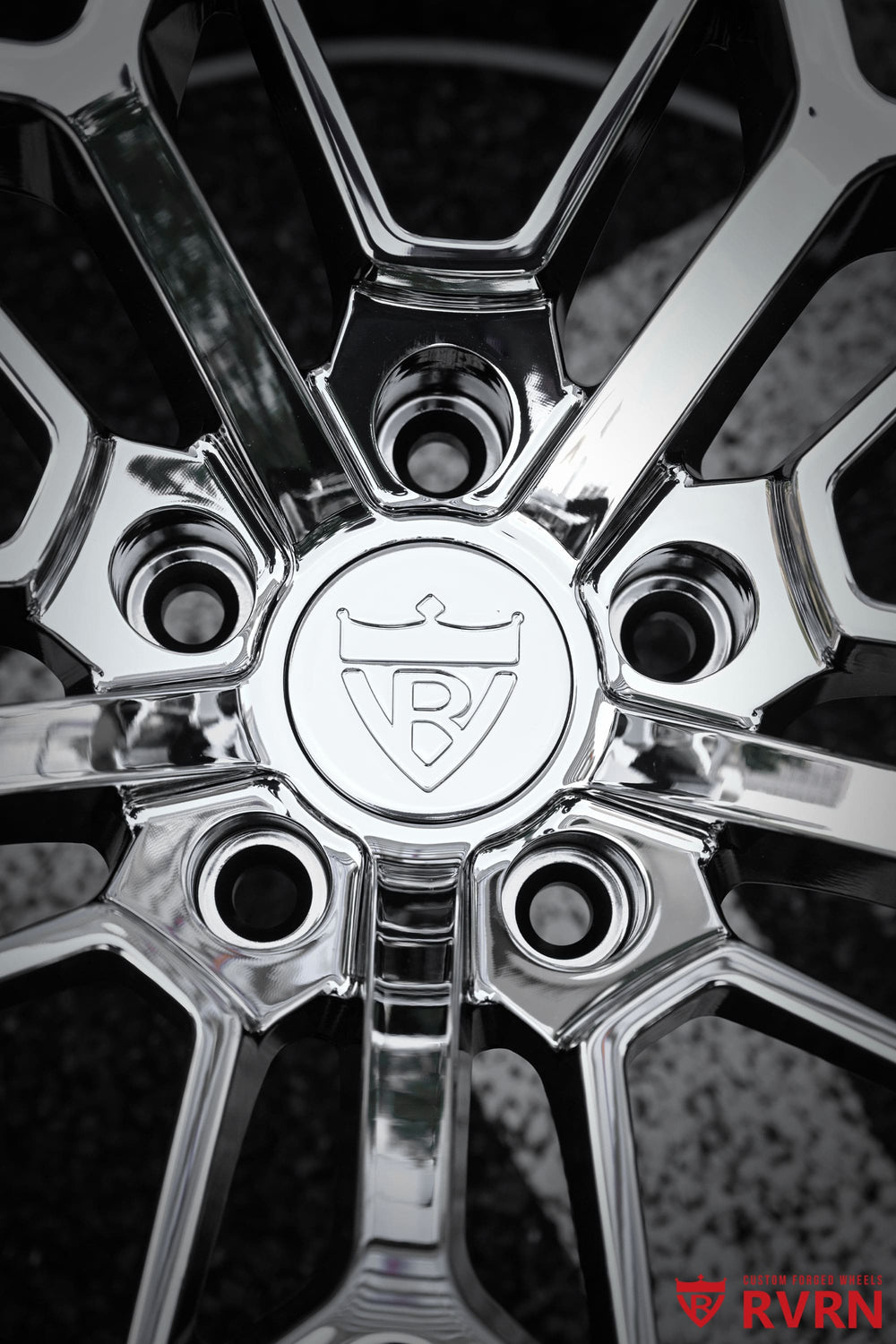 Detailed view of the RV-MB625 Y-spoke wheel face for a 2026 Corvette C8 Z06, featuring an all chrome finish, deep concave profile and 20x10/21x13 sizing