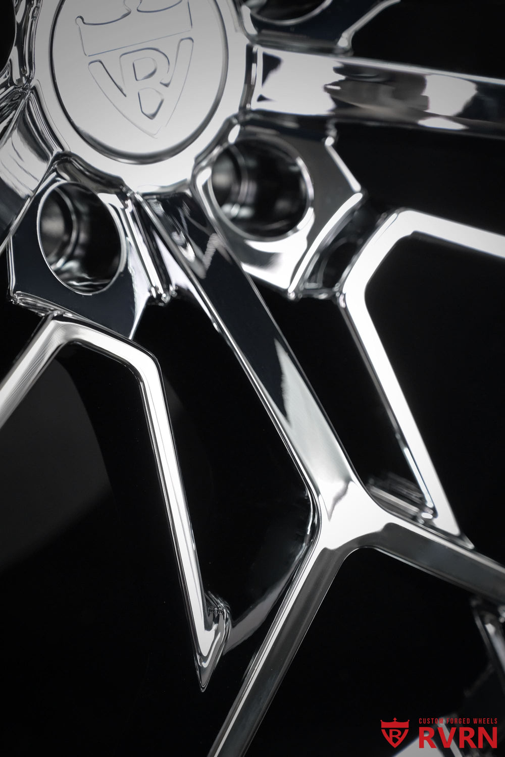 Close-up detail of the RV-MB625 chrome Y-spoke forged wheel for a 2026 Corvette C8 Z06, highlighting its deep concave shape and custom 20x10/21x13 fitment