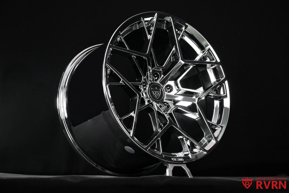 RV-MB625 forged wheel barrel and deep concave profile for a 2026 Corvette C8 Z06, finished in all chrome with custom 20x10 front and 21x13 rear sizing