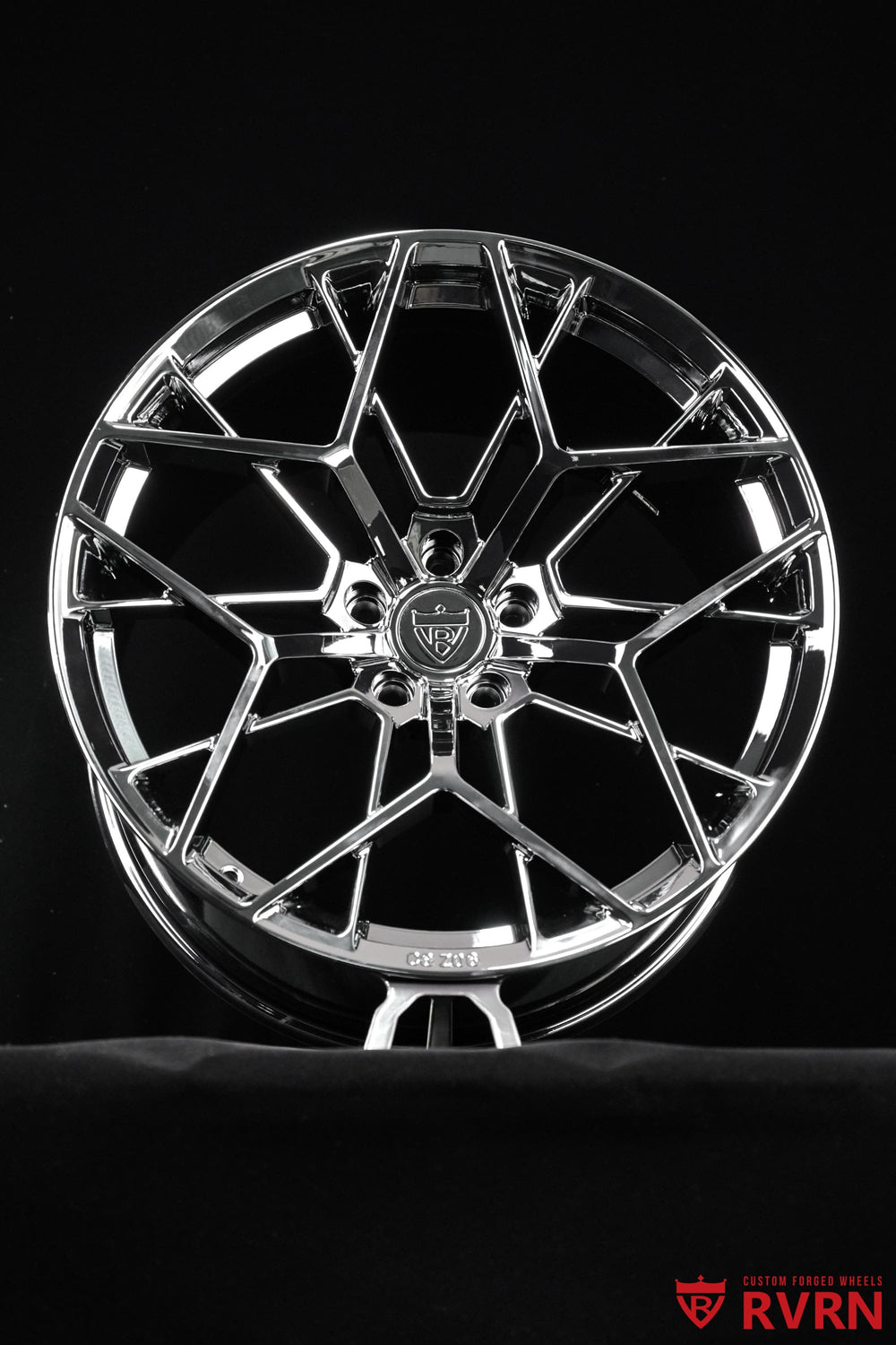 Side view of RVRN RV-MB625 custom forged wheels for a 2026 Corvette C8 Z06, featuring chrome Y-spoke styling, deep concavity and staggered 20x10/21x13 fitment