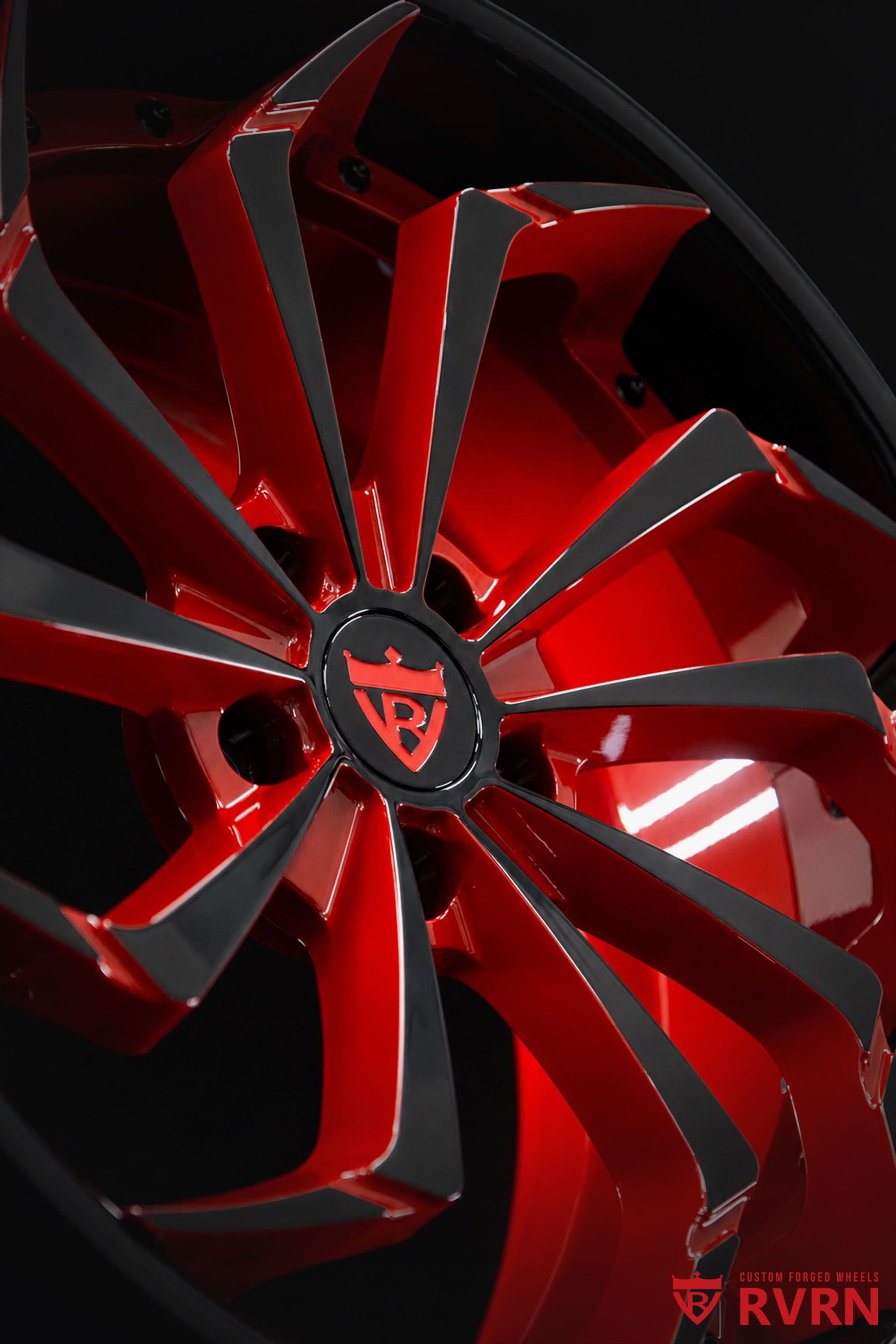 Side profile of a 2026 Corvette C8 Z51 featuring custom RVRN RV-DC06 Corvette C8 wheels with black and red spokes, black barrel, and staggered 19x8.5 and 20x11 sizing.