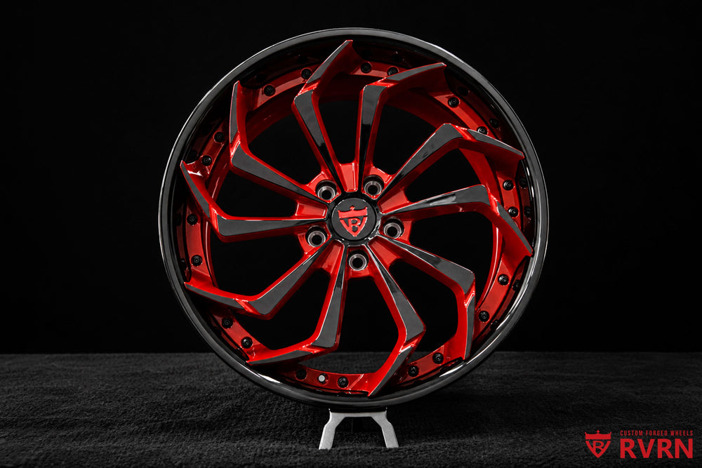 Detailed view of RV-DC06 custom C8 wheels featuring a black barrel finish, red spoke accents, black hardware, and 2-piece forged aluminum construction.