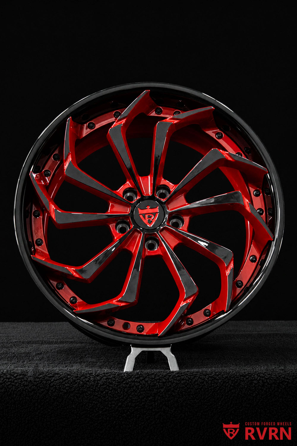 Three-quarter view of a 2026 Corvette C8 Z51 equipped with RV-DC06 2-piece forged wheels, custom black and red design, black screws, and vehicle-specific fitment.
