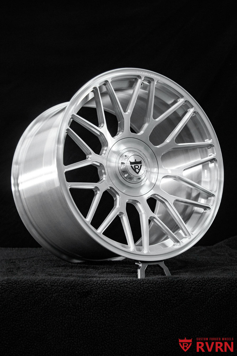 Close-up of a brushed aluminum RV-MC26 forged wheel for the 2026 Corvette C8 ZR1, featuring Y-spoke styling and deep concavity in 20x10 front fitment