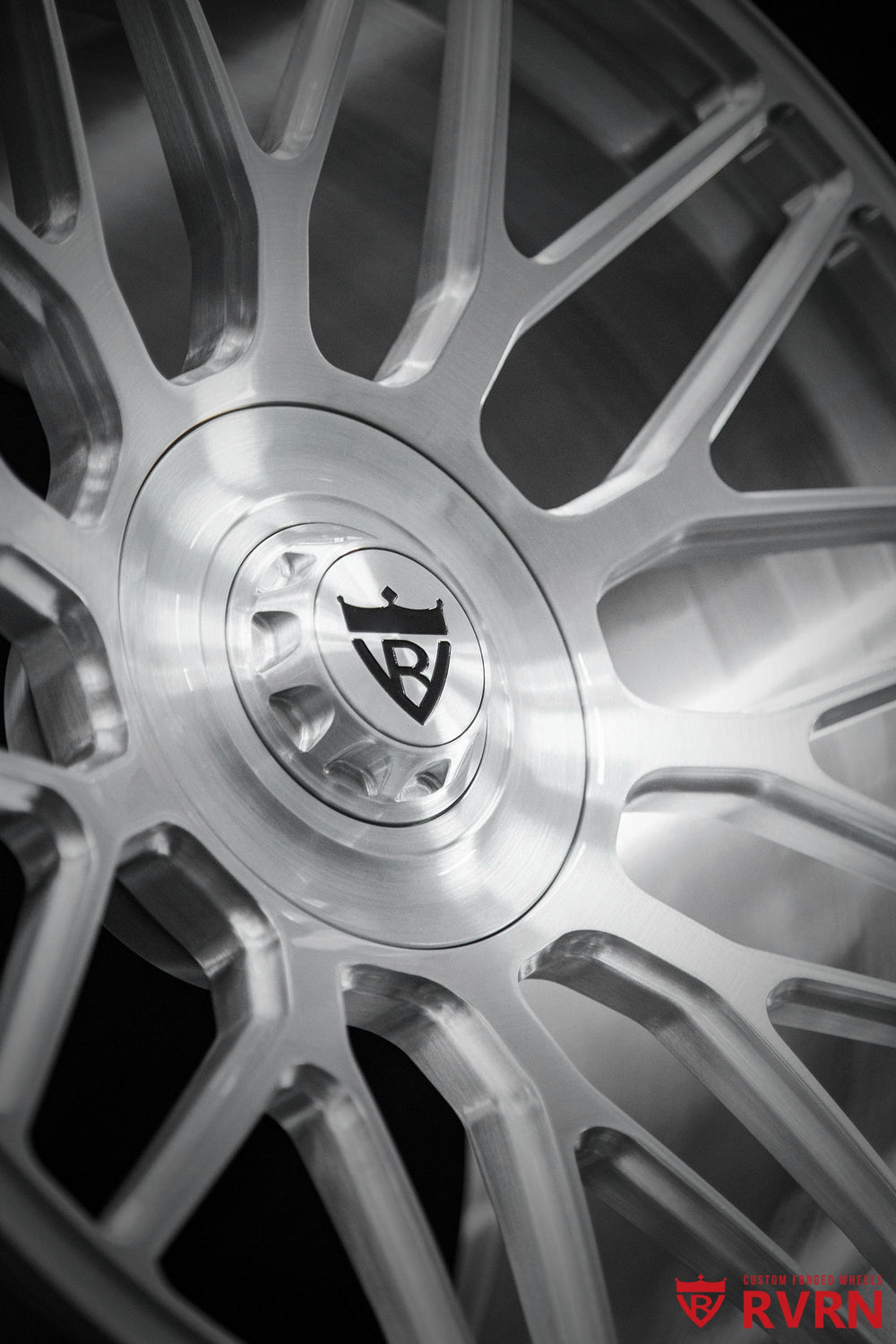 Close-up of a brushed aluminum RV-MC26 forged wheel for the 2026 Corvette C8 ZR1, featuring Y-spoke styling and deep concavity in 21x13 rear fitment