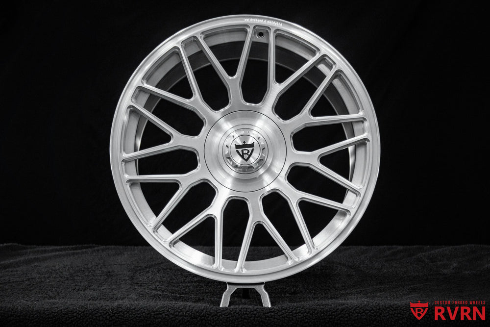 Front three-quarter view of RVRN RV-MC26 Y-spoke wheels for a 2026 Corvette C8 ZR1, all brushed aluminum finish, 20x10 front and 21x13 rear