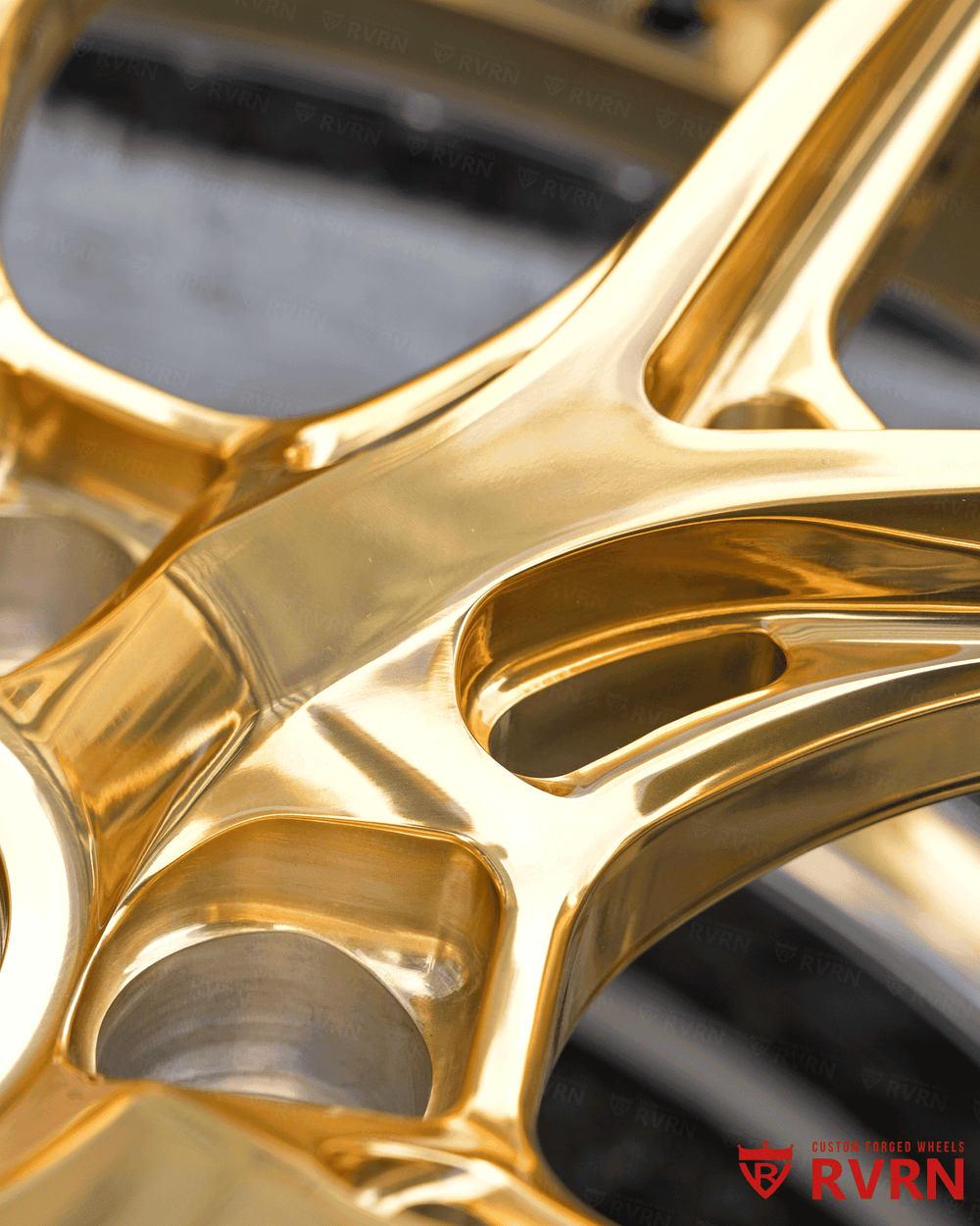 Close-up of Polished Frozen Gold Corvette wheels with Chrome barrel, RV-DR08D forged setup in OEM sizing