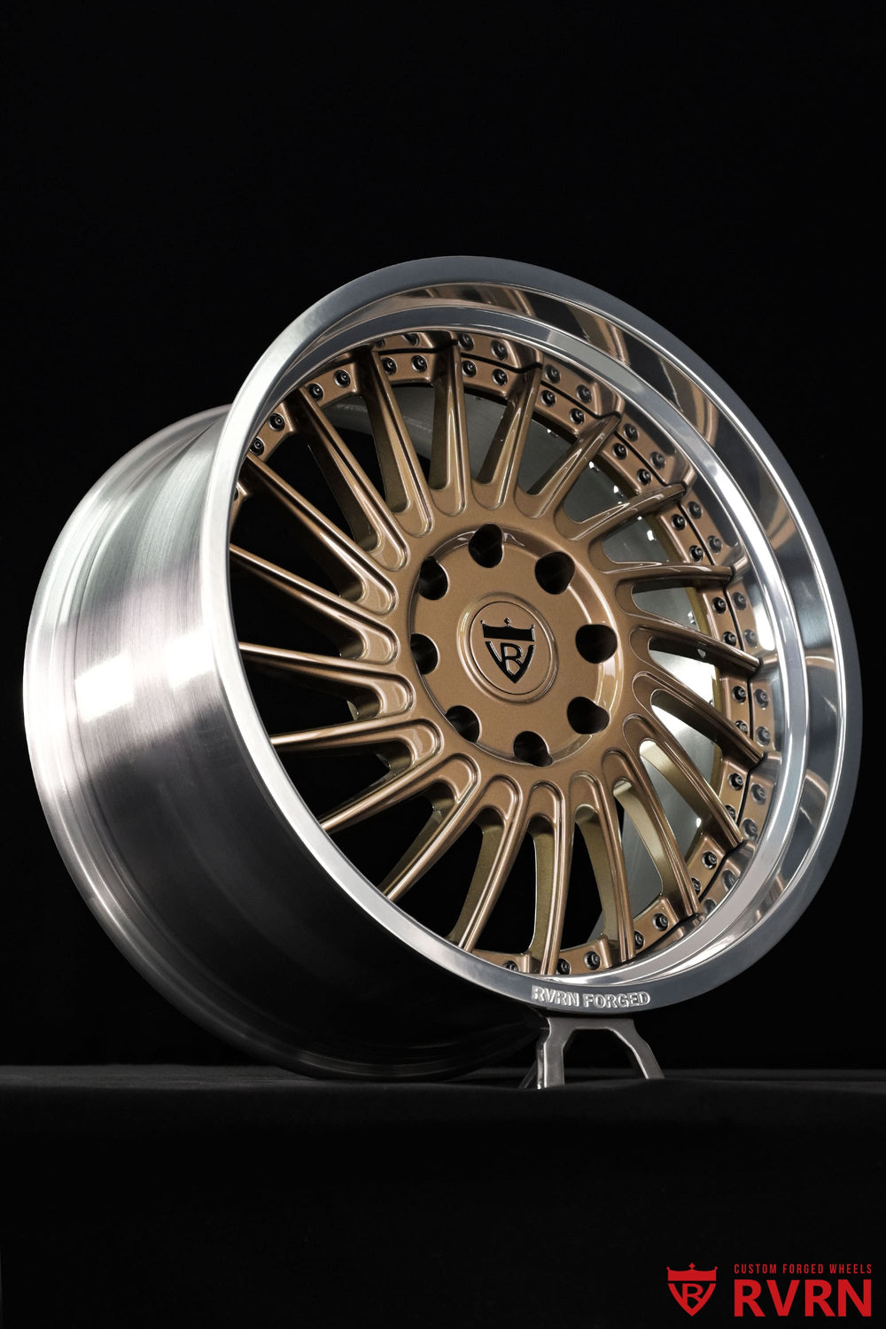 Side profile of RVRN RV-DN01 deep dish wheels customized for a 2026 Dodge Ram 2500 Larimer, with 22x11 +0mm fitment and two-piece forged construction