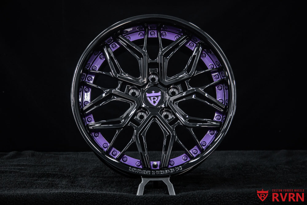 RVRN RV-T081 Jeep Wrangler forged wheels with Grape Purple Y spoke design and Gloss Black barrel, 17x8.5 +10MM fitment