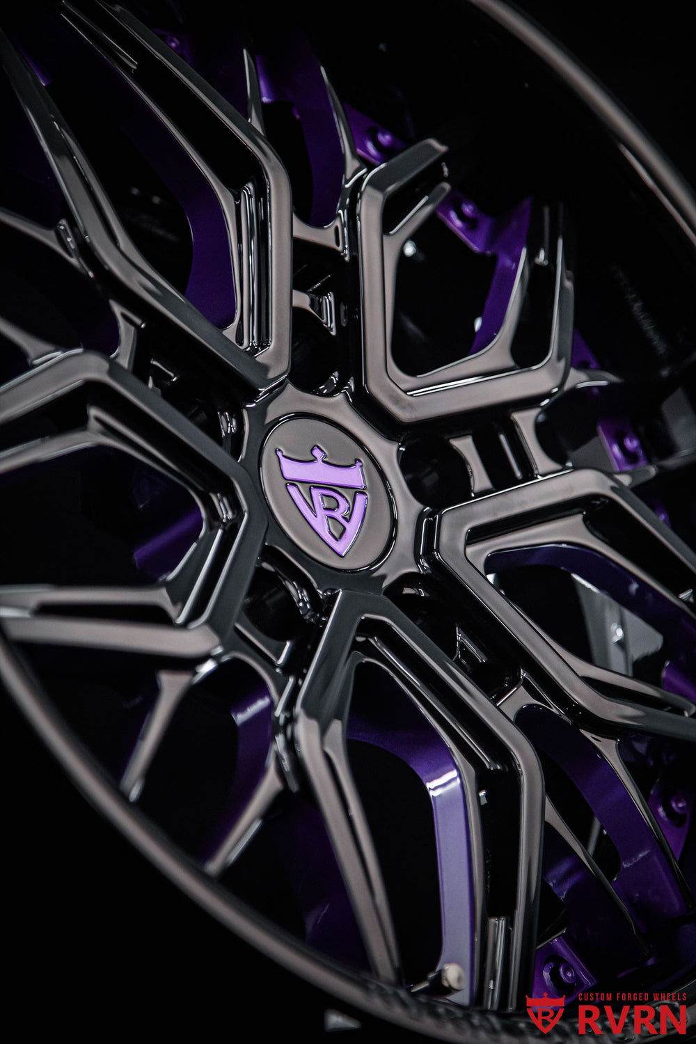 Close-up of RVRN Jeep Wrangler forged Y spoke wheels in Grape Purple and Gloss Black, custom 17x8.5 +10MM sizing