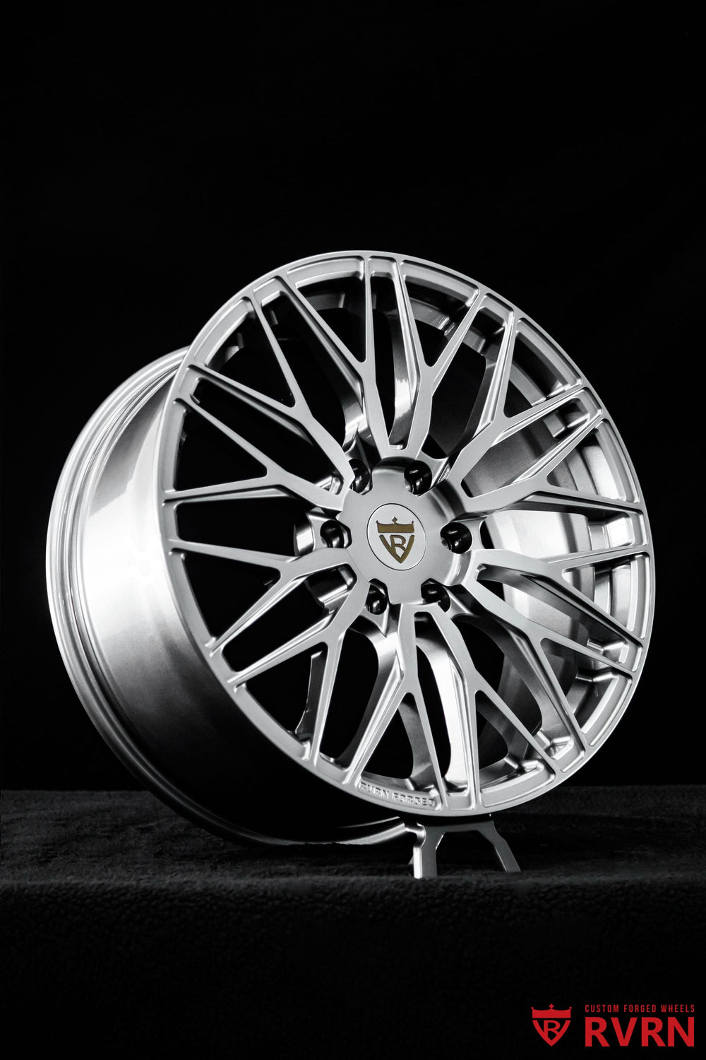 Detailed view of RVRN RV-MG122 Y spoke forged wheels designed for Lexus GX 550, featuring sculpted spokes and gloss gunmetal finish
