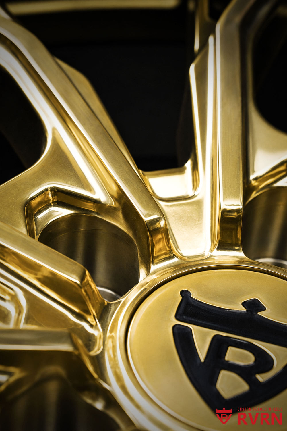 RVRN RV-DC04 21x10.5 +35 Tesla Model Y forged wheel with Y-spoke design, polished frozen gold spokes and gloss black barrel for a custom fitment