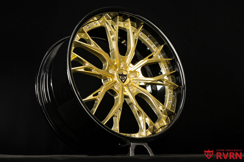 RVRN RV-DC04 Tesla Model Y forged wheel with gloss black barrel and polished frozen gold Y-spokes, custom 21x9.5 +30 and 21x10.5 +35 fitment