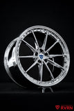 Detailed view of the rear 21x10.5 custom chrome forged wheel on a Tesla Model Y Performance, engineered by RVRN Wheels for OEM brake clearance.