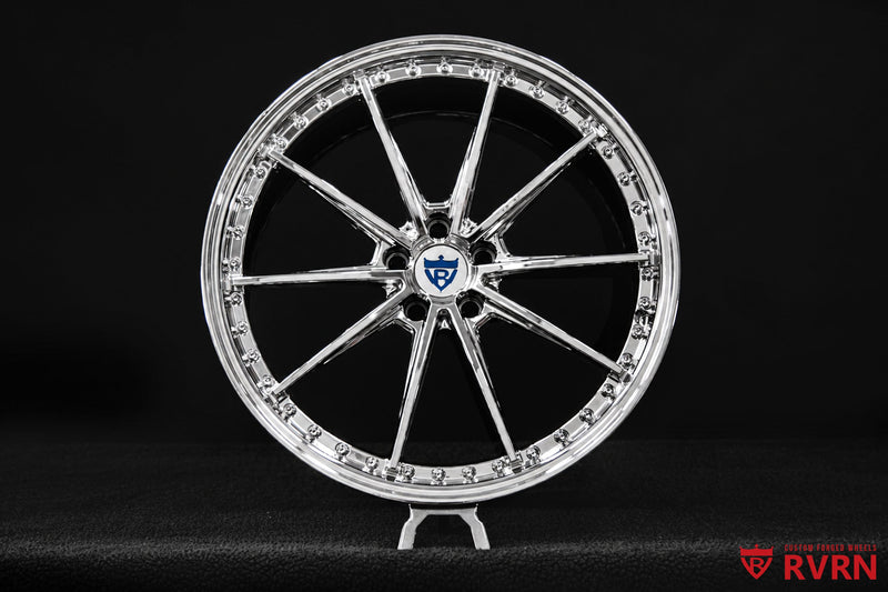 Close-up of the front 21x9.5 RVRN RV-MY26 chrome forged wheel for the 2026 Tesla Model Y Performance with precision custom fitment.