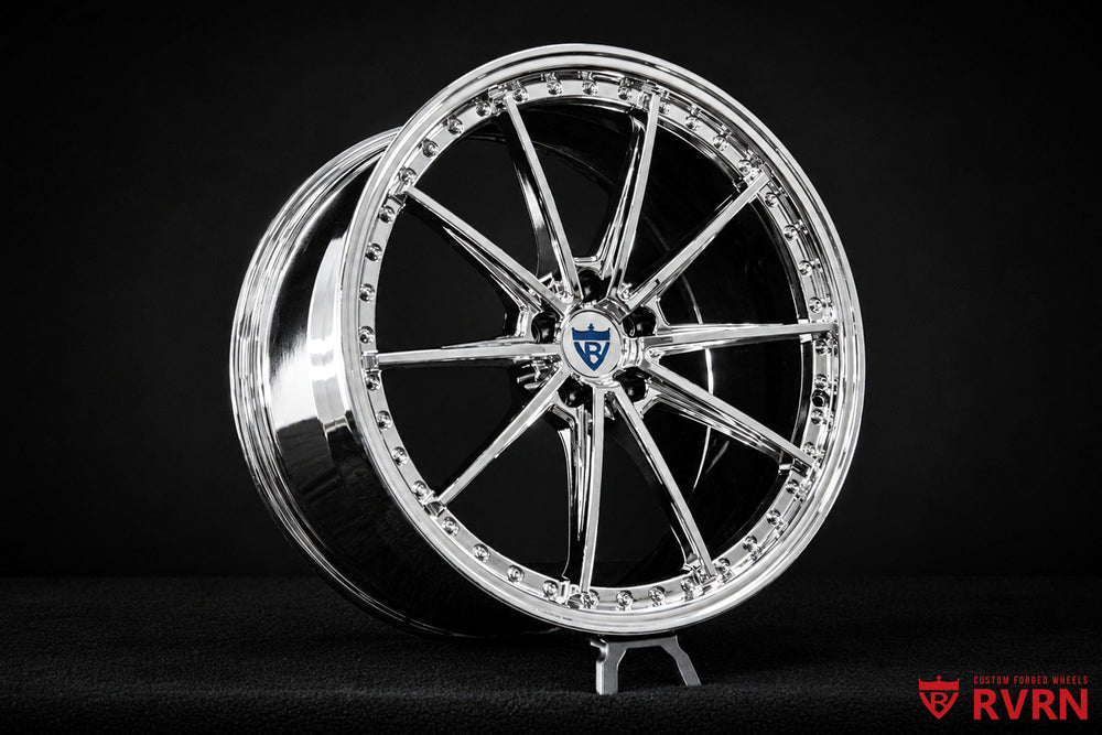 Side profile showing custom Tesla Model Y forged wheels by RVRN in all chrome, staggered 21x9.5 and 21x10.5 fitment designed specifically for OEM brakes.