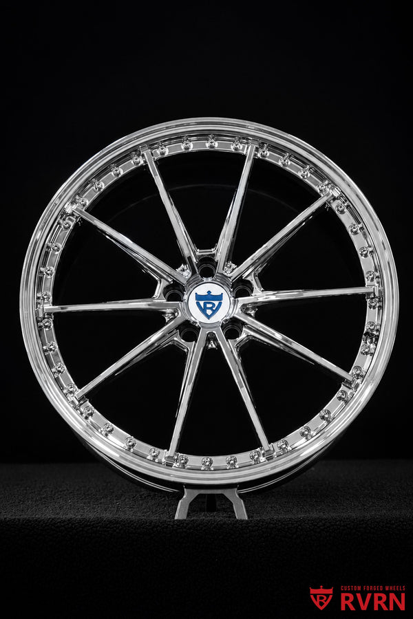 Face detail of the RVRN RV-MY26 monoblock forged wheel finished in full chrome for the Tesla Model Y Performance.