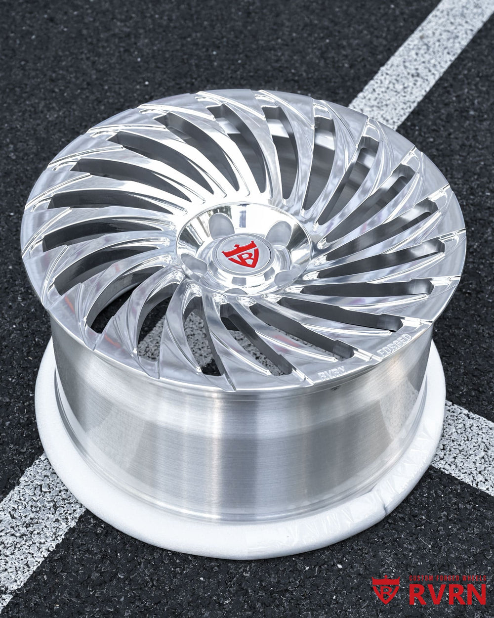 Close-up of polished spokes on RV-MF150 Tesla Model S forged wheels, custom design, 19x9.5 / 19x10.5