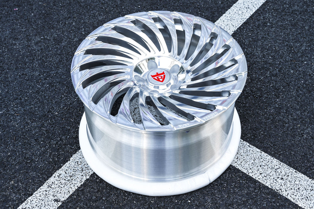 Front angle of RV-MF150 Tesla Model S forged wheels 19x9.5 +33 / 19x10.5 +38MM, all polished aluminum