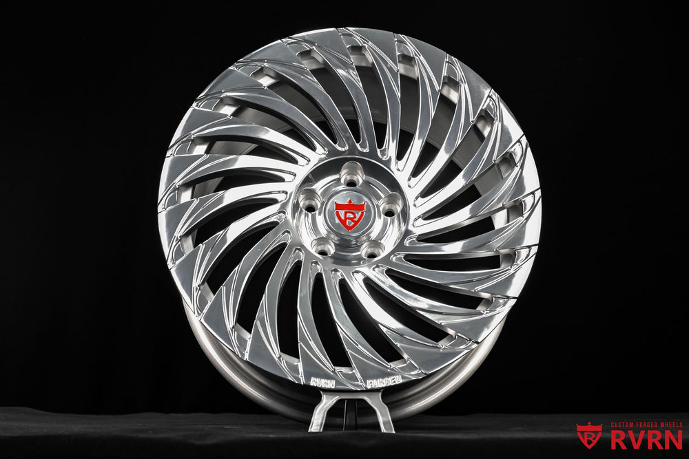 Rear angle of RV-MF150 polished aluminum wheels on 2026 Tesla Model S, 19x10.5 +38MM