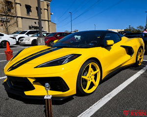 2026 Corvette C8 Stingray on RVRN RV-MC35 5-spoke custom forged wheels in Competition Yellow, front view with trophy at the car show.
