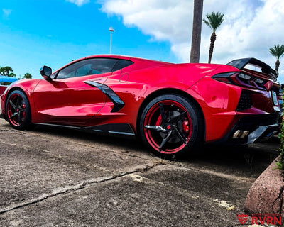 2026 Corvette C8 Stingray on RVRN RV-MC35 5-spoke concave custom forged wheels, side profile showing the aggressive concave profile and red barrel accents.