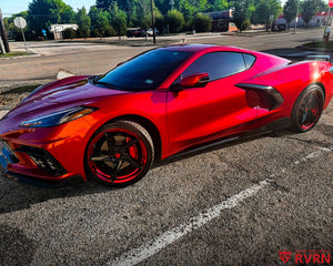 2026 Corvette C8 Stingray on RVRN RV-MC35 forged wheels, rear three-quarter view with the wide rear stance and 5-spoke design.
