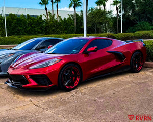 2026 Corvette C8 Stingray on RVRN RV-MC35 custom forged wheels, front wheel close-up showing the deep concave 5-spoke design with Gloss Black finish.