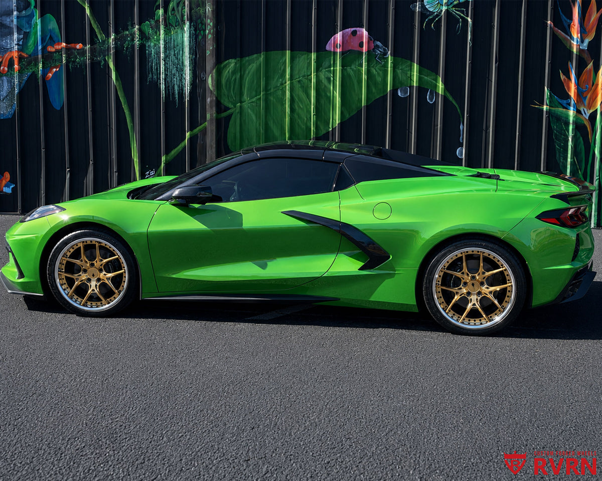 Side view of a 2026 Corvette C8 Stingray on RVRN RV-DR08D deep dish Y-spoke forged wheels with polished frozen gold spokes and chrome barrels.